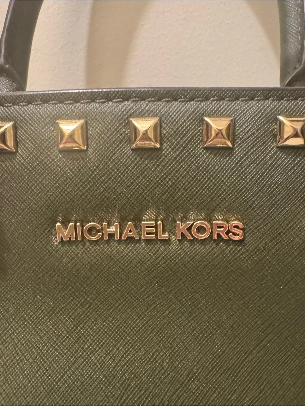 PRE-LOVED Michael Kors Olive Green Large Saffiano Leather Stud Satchel